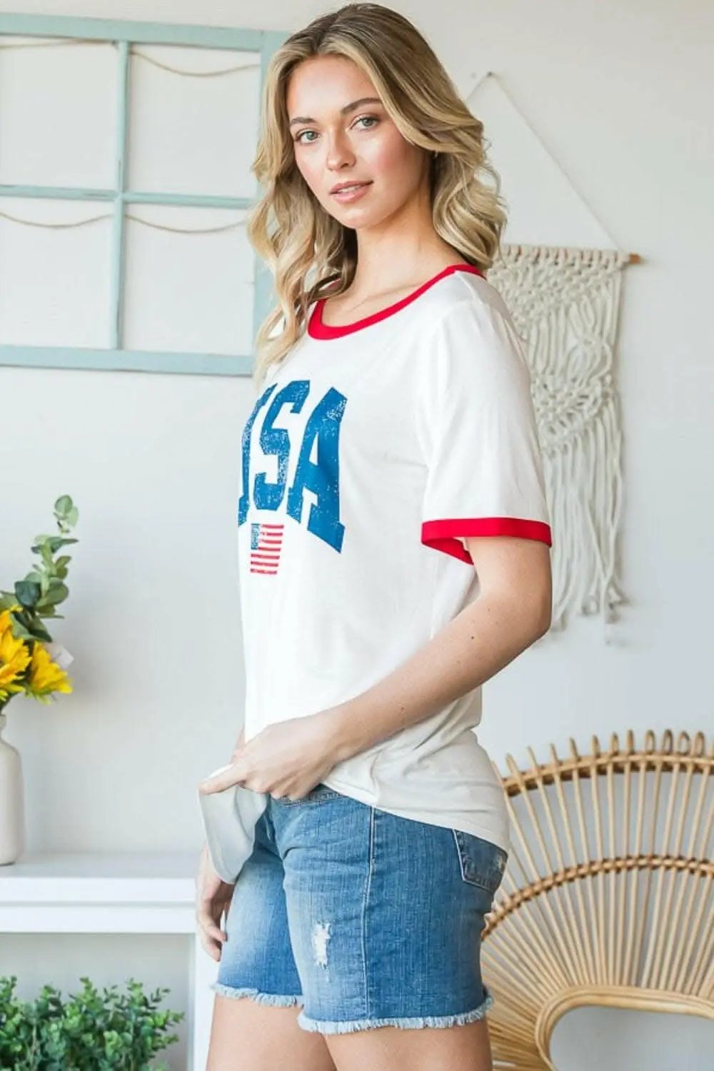 T-Shirts Trendsi Heimish Full Size USA Contrast Trim Short Sleeve T-Shirt