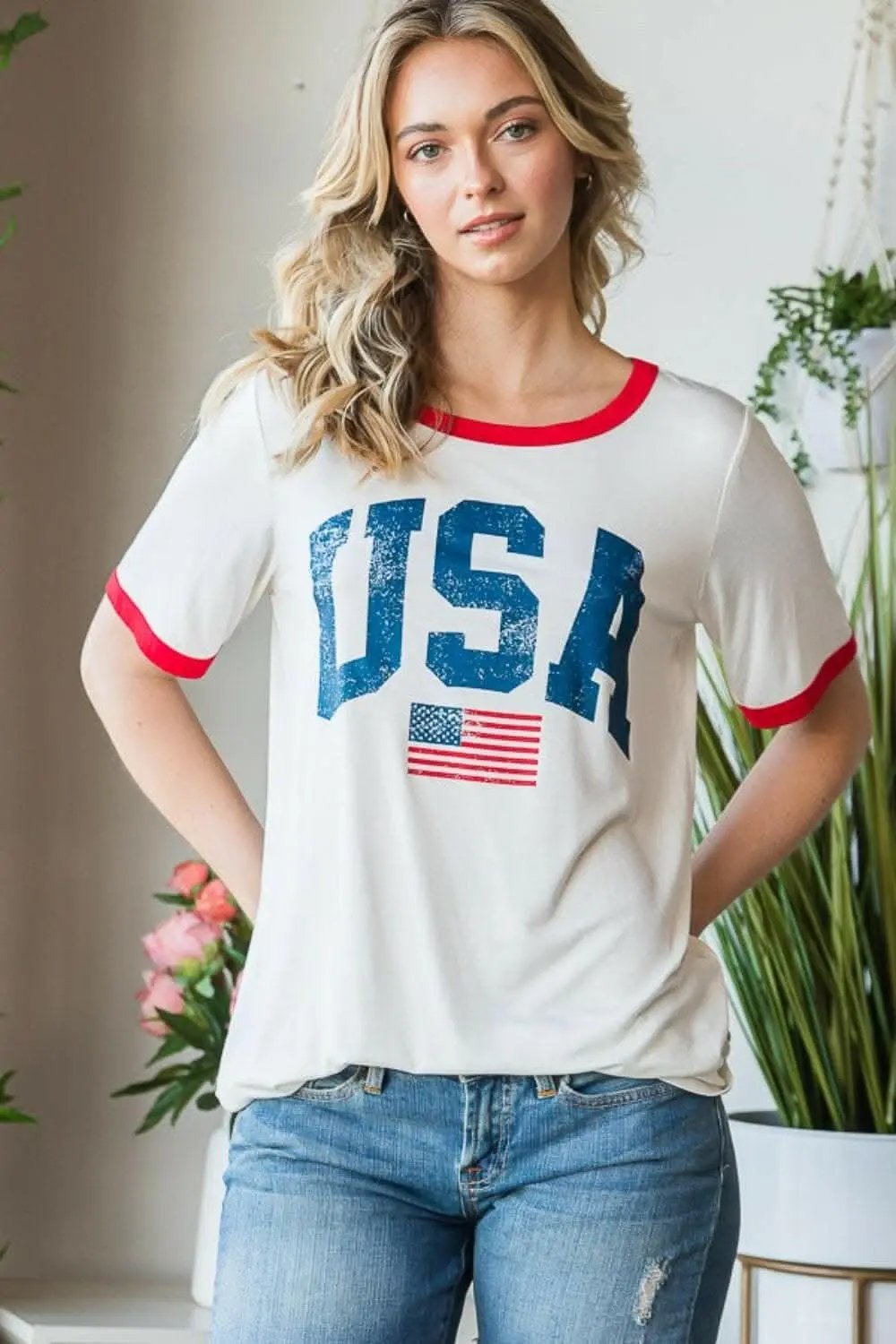 T-Shirts Trendsi Heimish Full Size USA Contrast Trim Short Sleeve T-Shirt