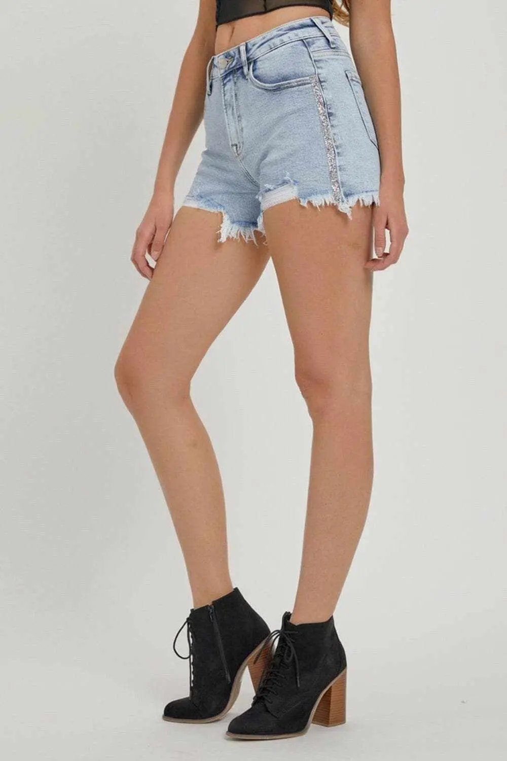 Trendsi Rhinestone Denim Shorts Women's High Rise Summer Fashion Shorts - Premium Fit