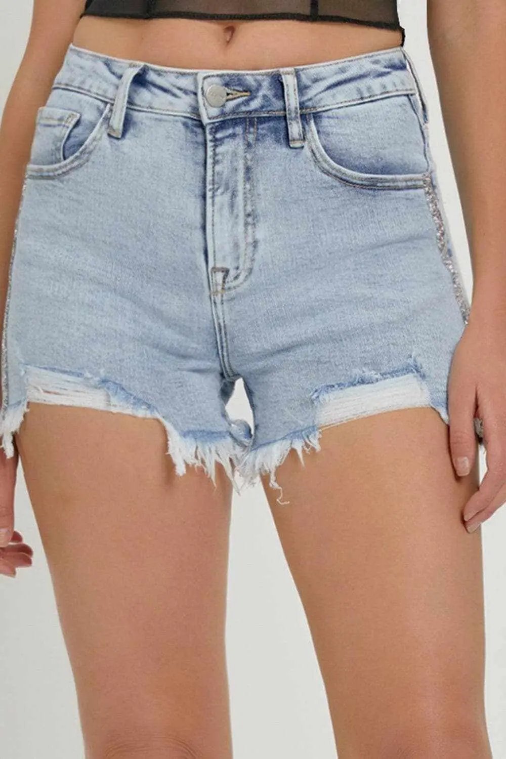 Trendsi Rhinestone Denim Shorts Women's High Rise Summer Fashion Shorts - Premium Fit