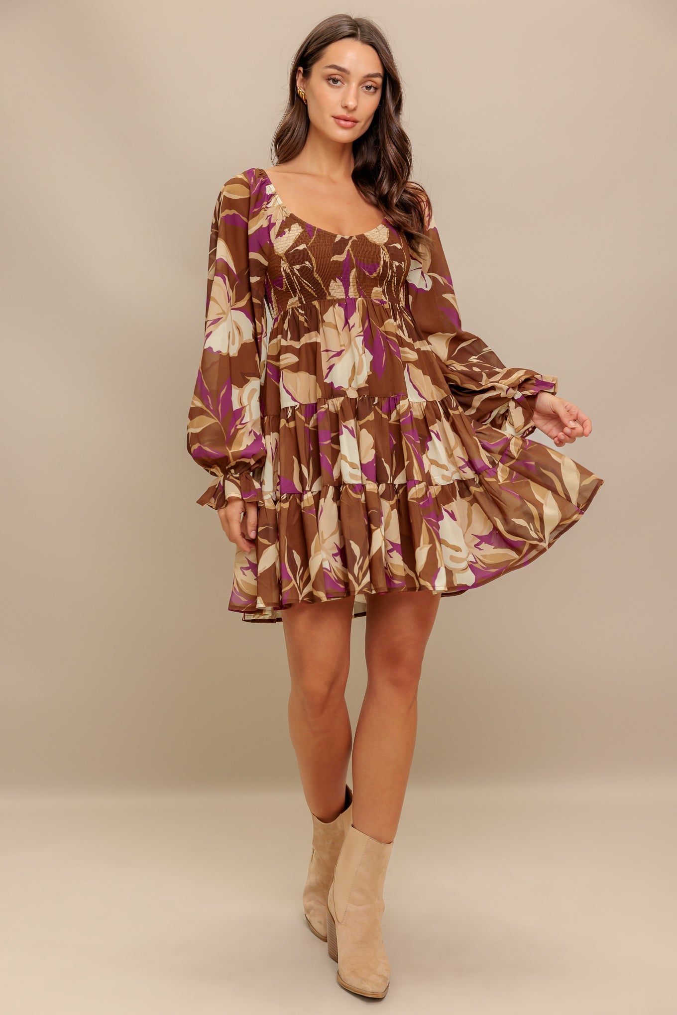 EARTHY GLOW BROWN WOVEN MINI DRESS