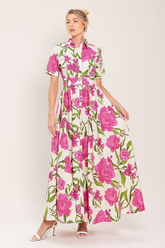 BLOOMING ROSE WOVEN MAXI SHIRT DRESS