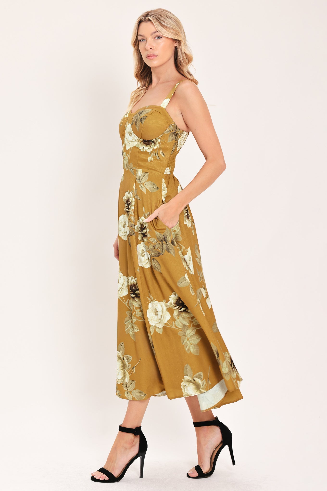 MUSTARD ROSETTE MELODY WOVEN MIDI DRESS