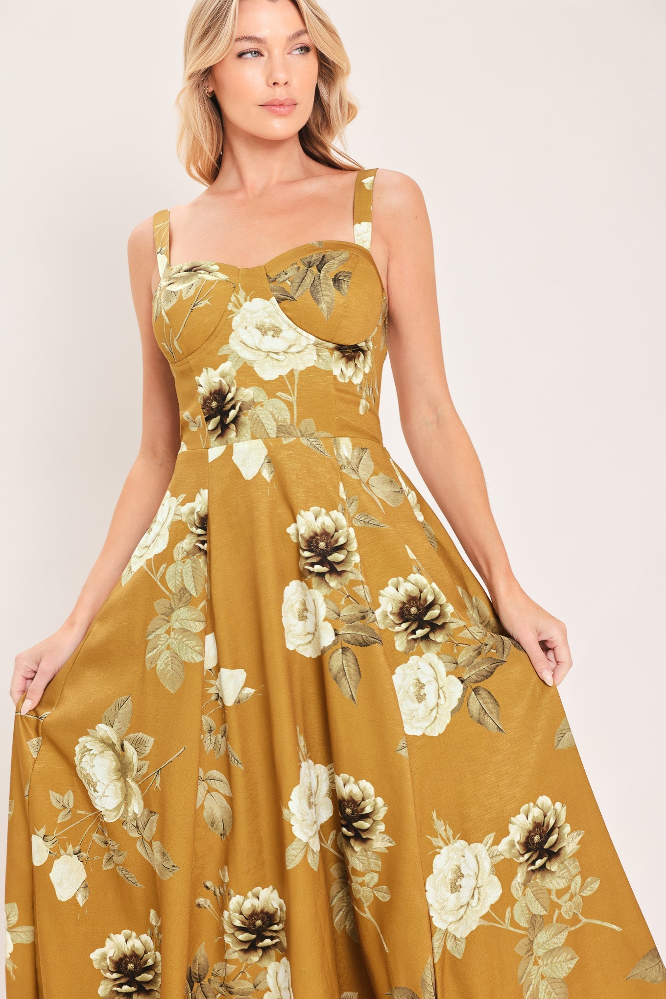 MUSTARD ROSETTE MELODY WOVEN MIDI DRESS
