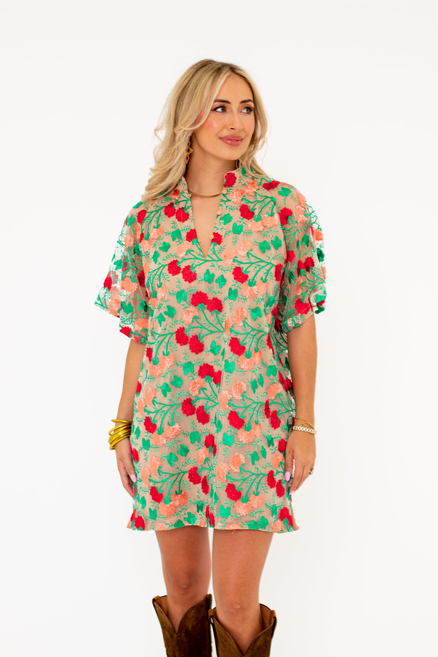 Lulu Short Sleeve Mini Caftan- Precious Coral