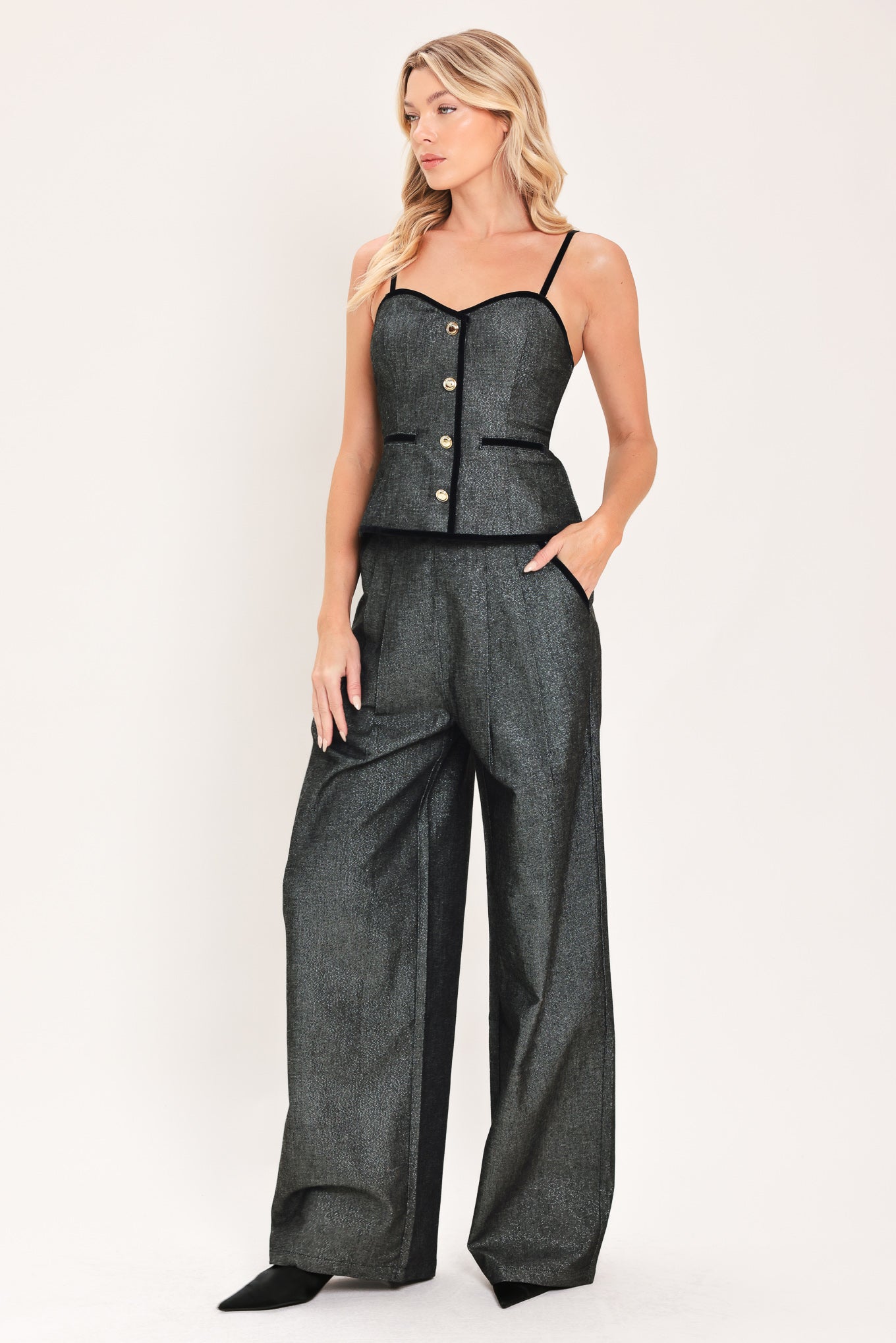 METALLIC HOURGLASS WOVEN WIDE LEG PANTS