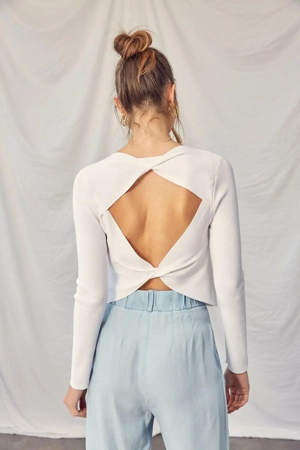 Sweaters Trendsi Twisted Backless Knit Top Women's Casual Long Sleeve Top - USA Made
