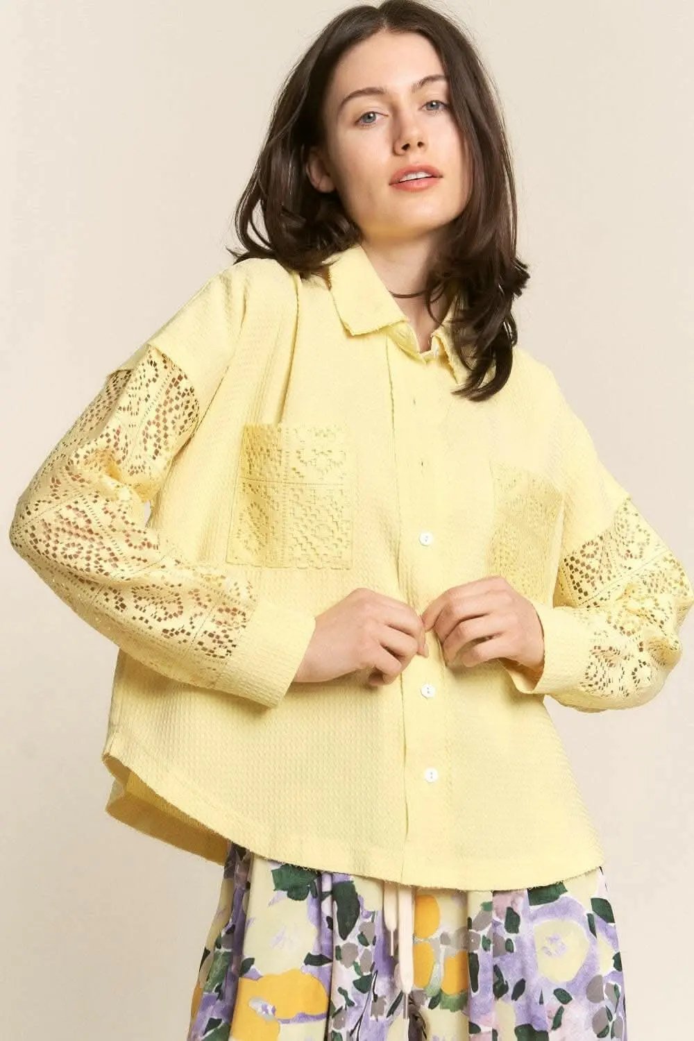 Pants Trendsi Lace Waffle Shirt Women's Casual Button Down Long Sleeve Top - Soft