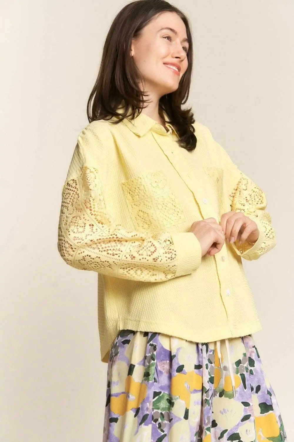 Pants Trendsi Lace Waffle Shirt Women's Casual Button Down Long Sleeve Top - Soft