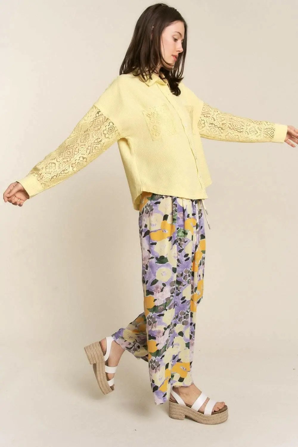 Pants Trendsi Lace Waffle Shirt Women's Casual Button Down Long Sleeve Top - Soft