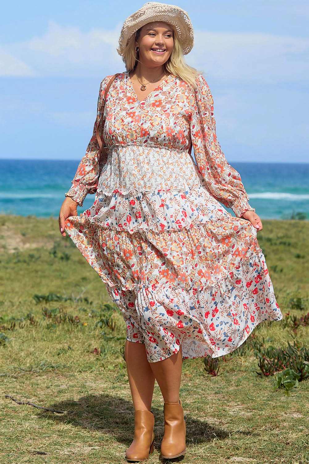 Dresses Love Salve Khaki Floral Maxi Dress Women's Fall Southern Belle Style + Comfy Fit