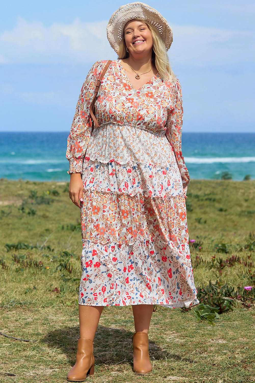 Dresses Love Salve Khaki Floral Maxi Dress Women's Fall Southern Belle Style + Comfy Fit
