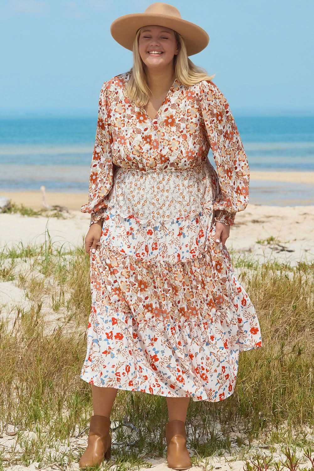 Dresses Love Salve Khaki Floral Maxi Dress Women's Fall Southern Belle Style + Comfy Fit