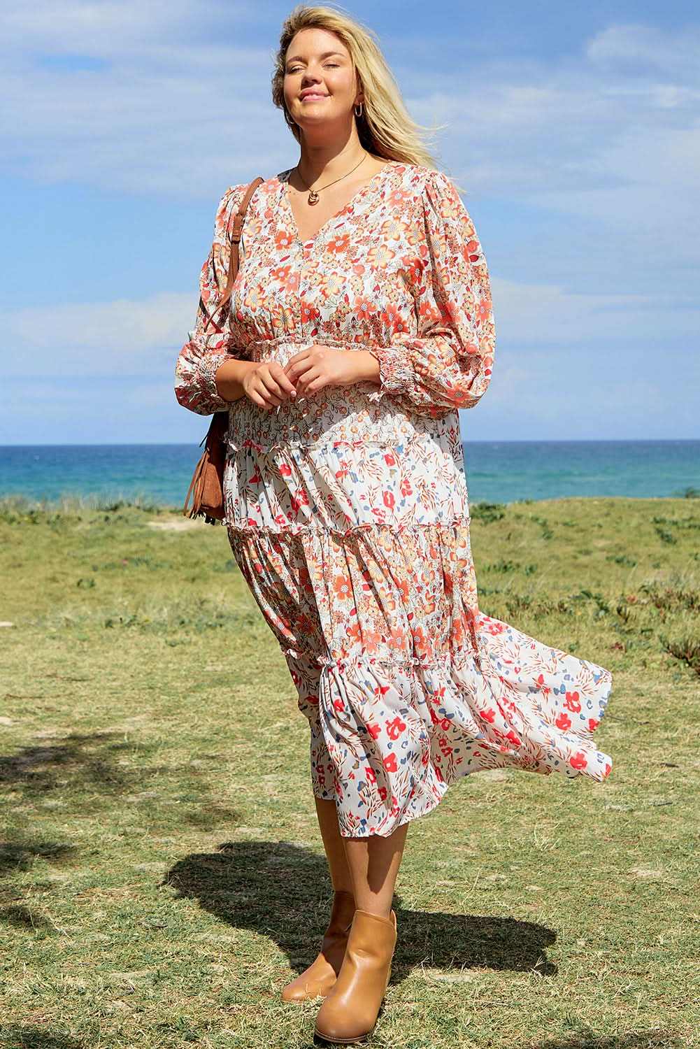 Dresses Love Salve Khaki Floral Maxi Dress Women's Fall Southern Belle Style + Comfy Fit