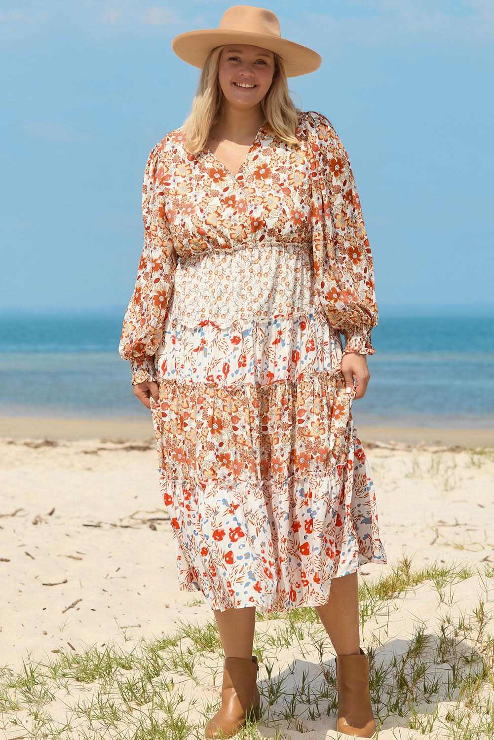 Dresses Love Salve Khaki Floral Maxi Dress Women's Fall Southern Belle Style + Comfy Fit