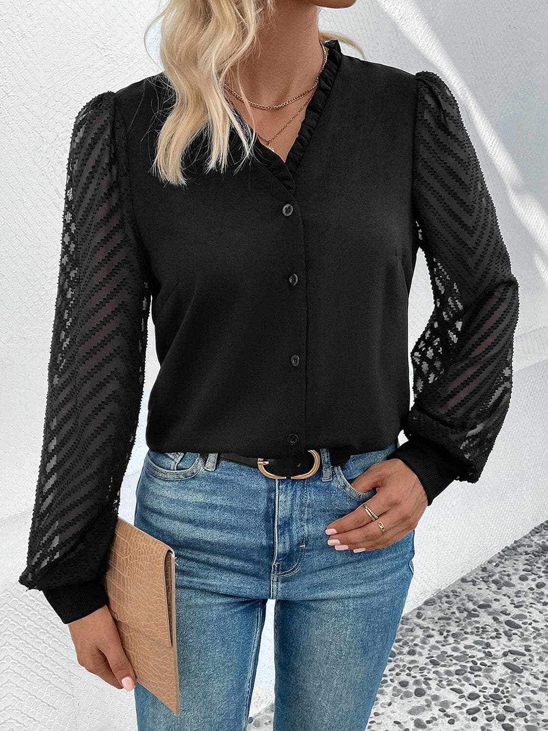 Women's Blouse Blouse - Lace-Trim Sheer - V-Neck Style