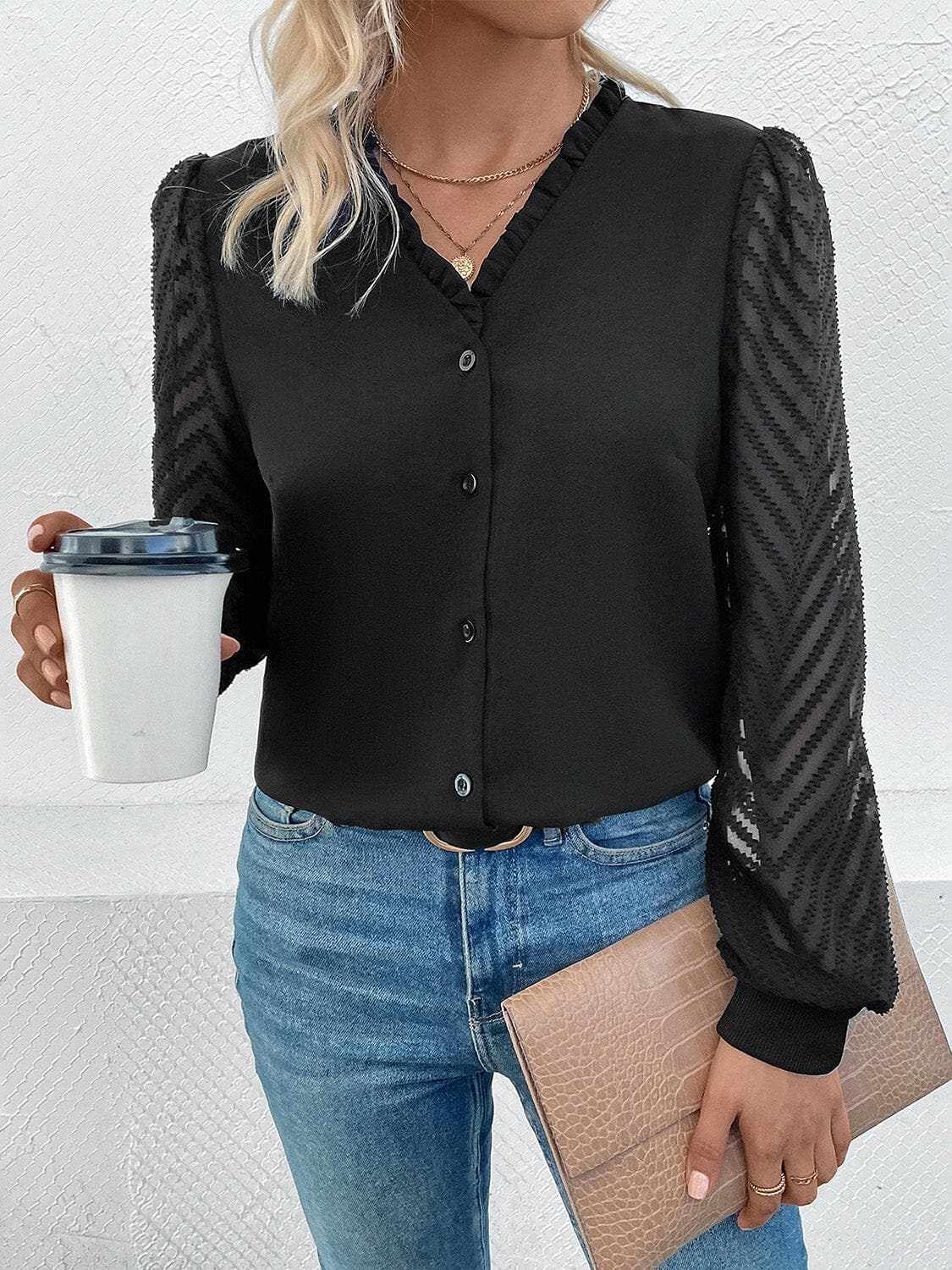 Women's Blouse Blouse - Lace-Trim Sheer - V-Neck Style