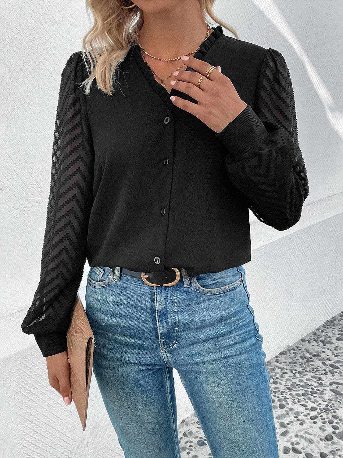 Women's Blouse Blouse - Lace-Trim Sheer - V-Neck Style
