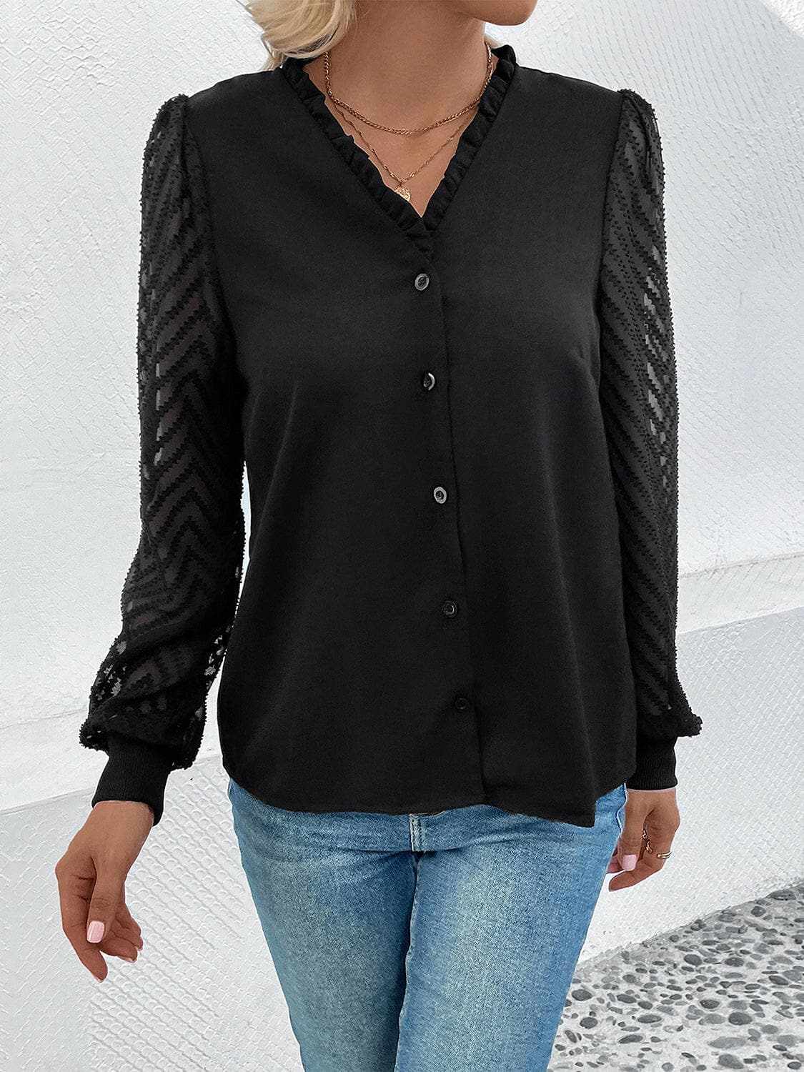 Women's Blouse Blouse - Lace-Trim Sheer - V-Neck Style