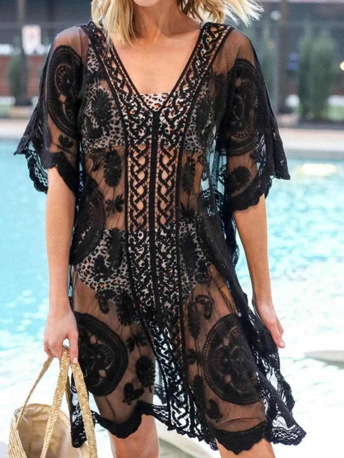 T-Shirts Trendsi swimwear - Lace v-neck beach cover-up
