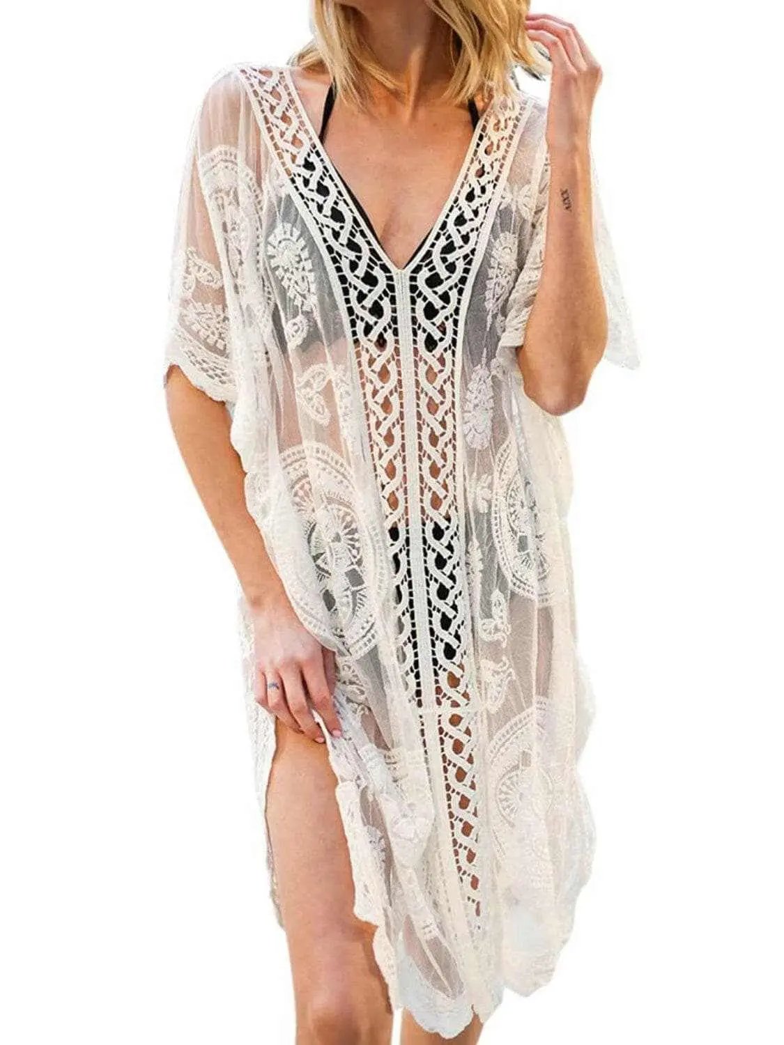 T-Shirts Trendsi swimwear - Lace v-neck beach cover-up