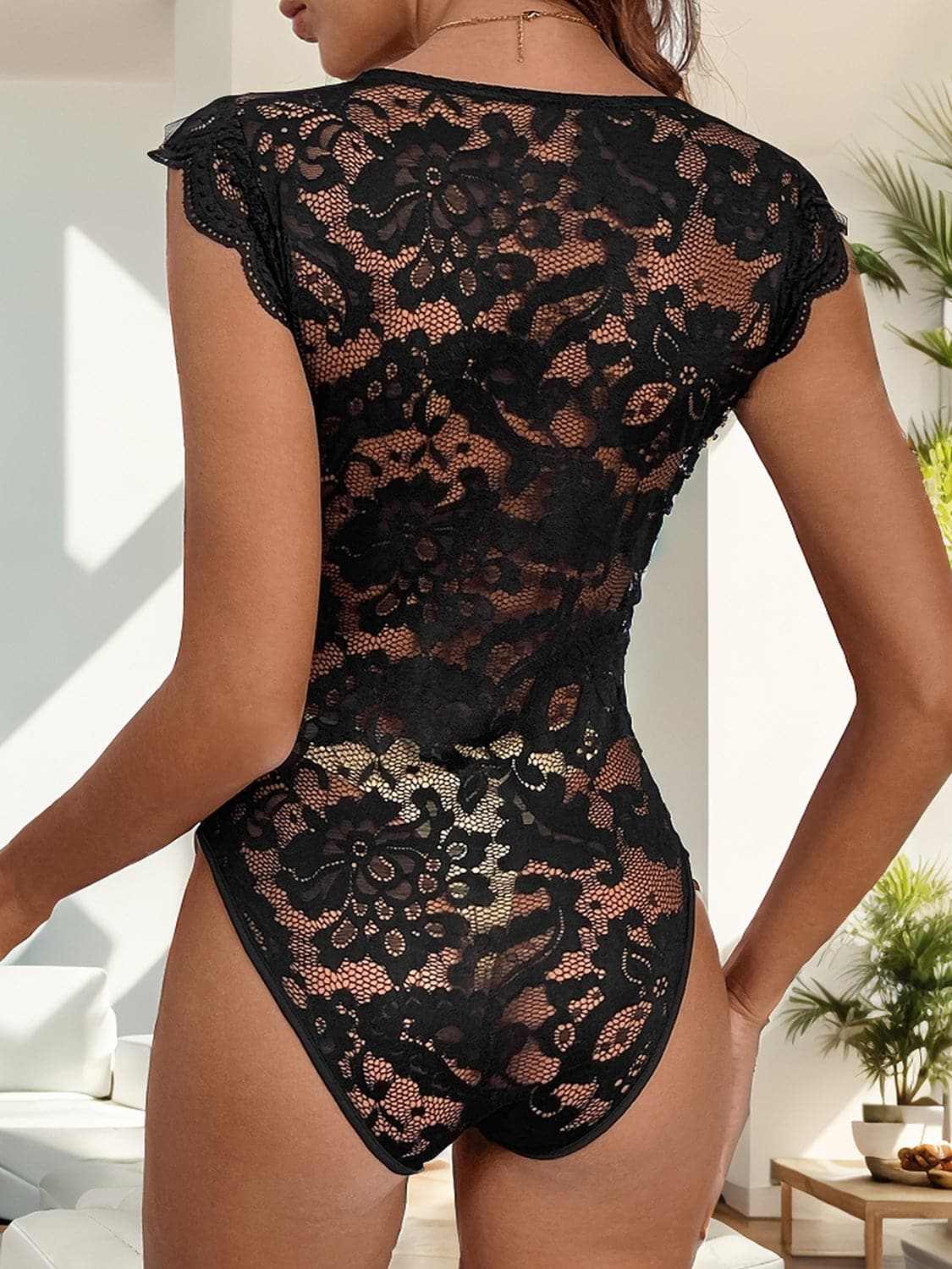 Bodysuits Trendsi Lace v-neck bodysuit with sheer details