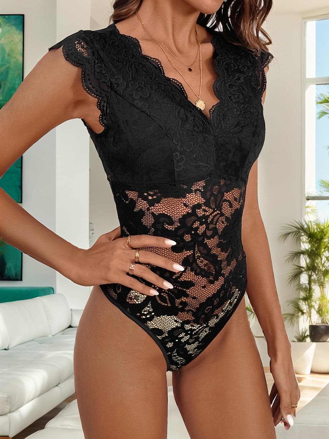 Bodysuits Trendsi Lace v-neck bodysuit with sheer details