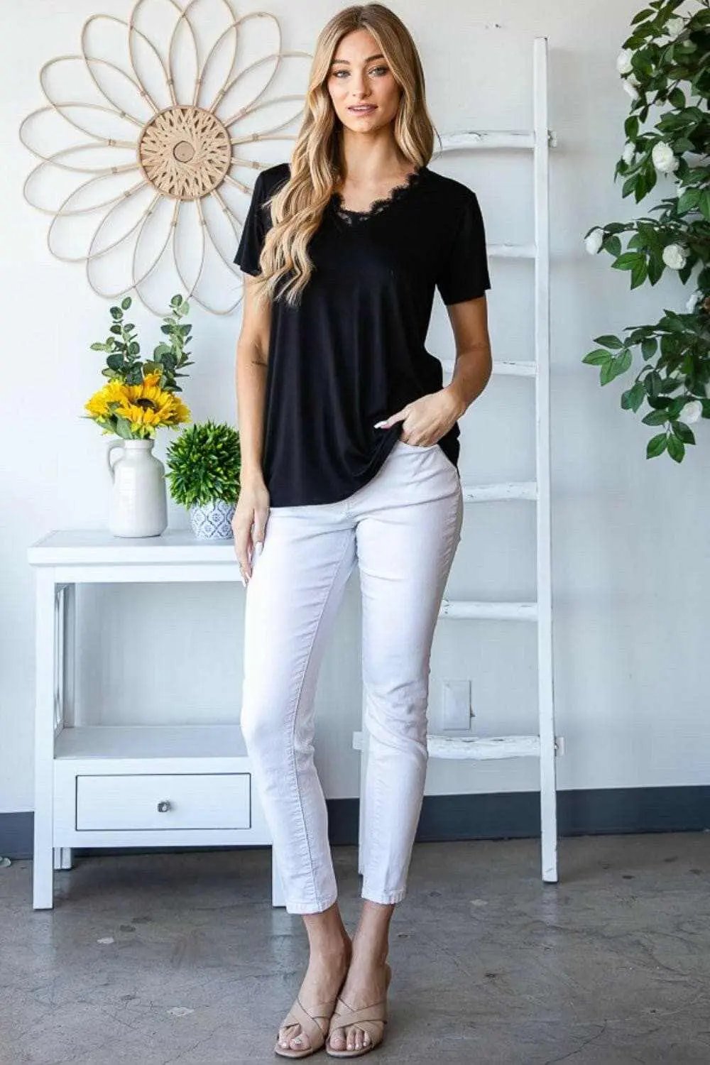 T-Shirts Trendsi usa - Lace v-neck short sleeve tee by Heimish