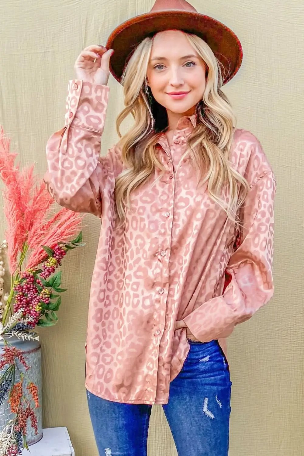 Women's Satin Blouse Women's Satin Top - Leopard Print Curved Hem - Fashion