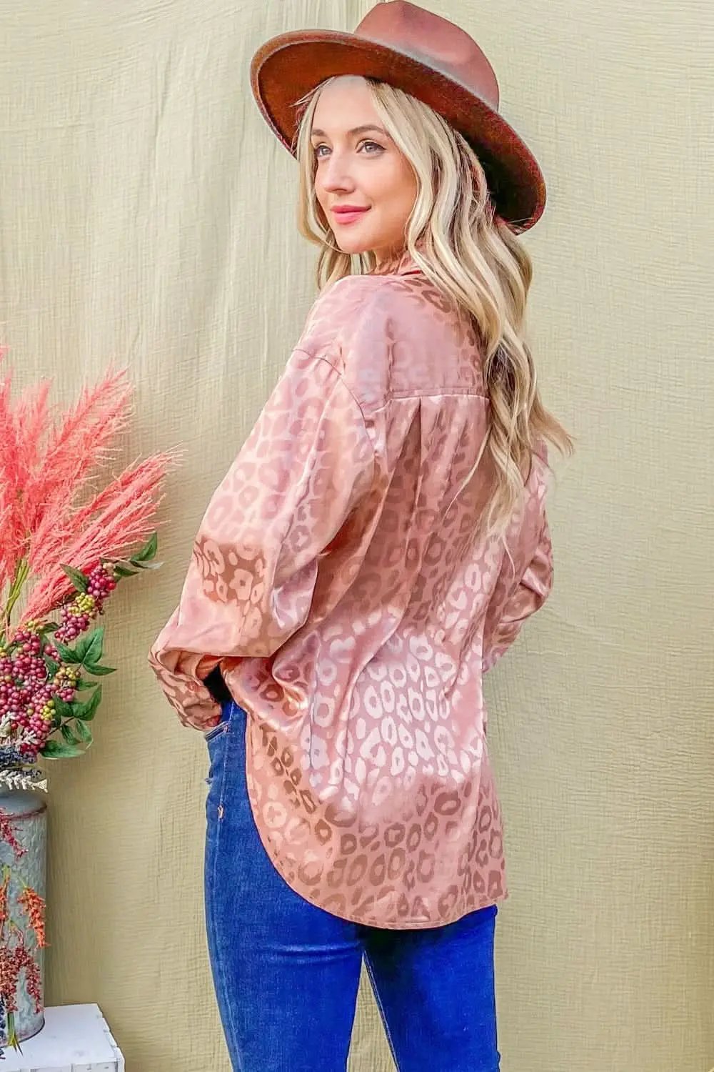 Women's Satin Blouse Women's Satin Top - Leopard Print Curved Hem - Fashion