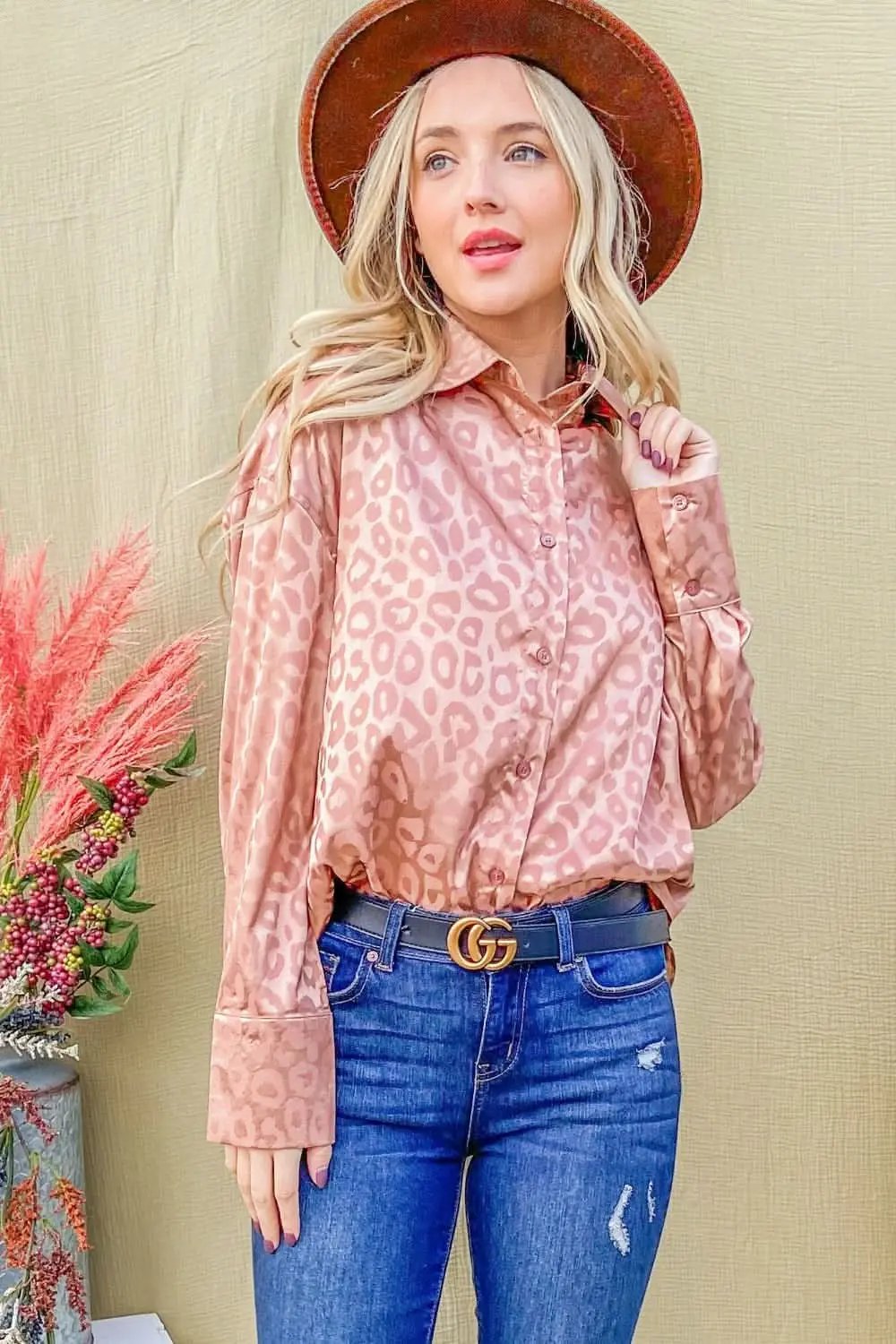 Women's Satin Blouse Women's Satin Top - Leopard Print Curved Hem - Fashion