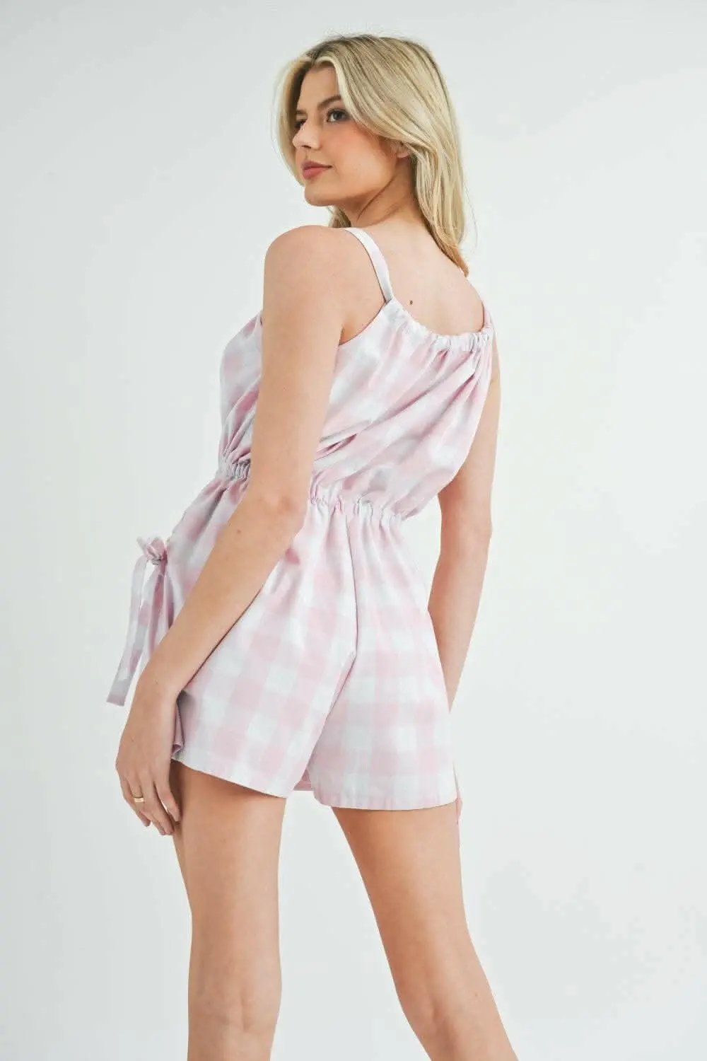 Plaid Button Down Romper by Trendsi | Pink Sleeveless