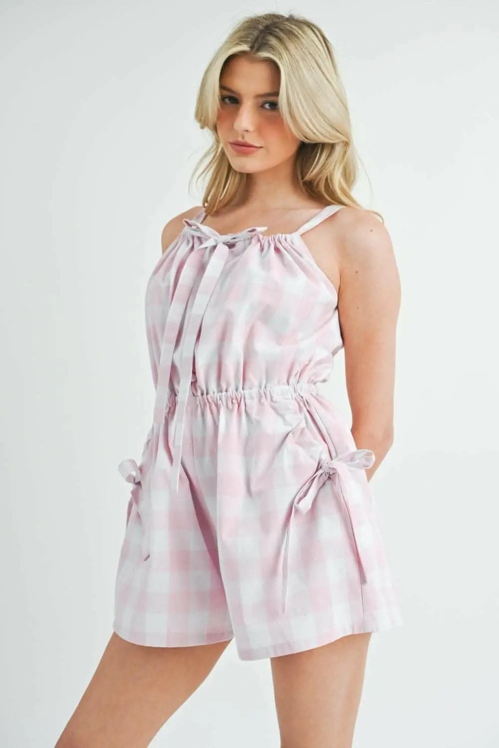 Plaid Button Down Romper by Trendsi | Pink Sleeveless