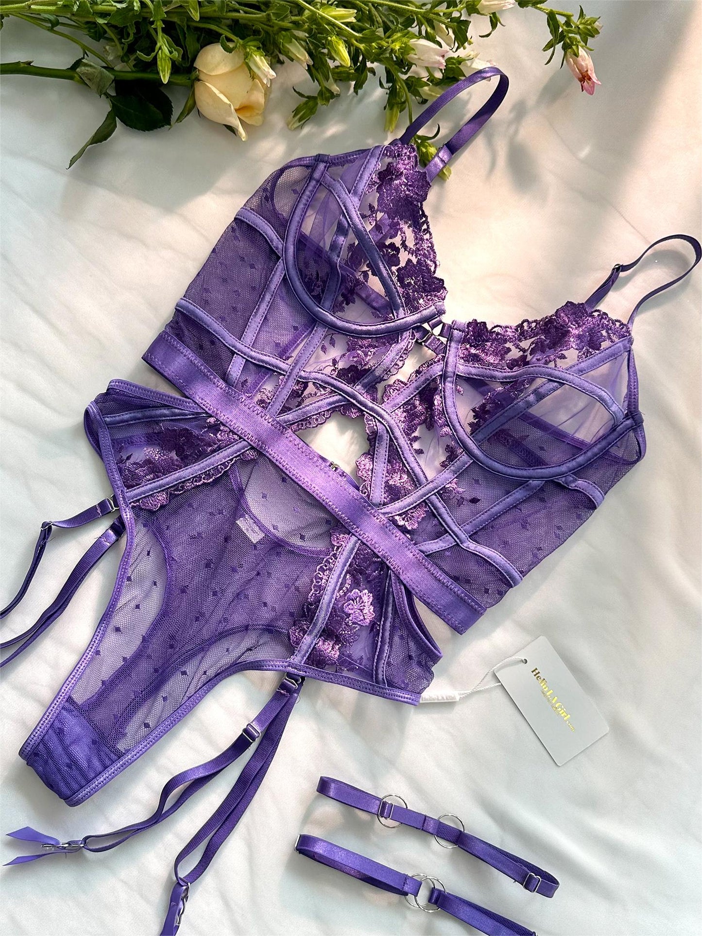 Purple Solid Elegant Embroidered Lace Bodysuit