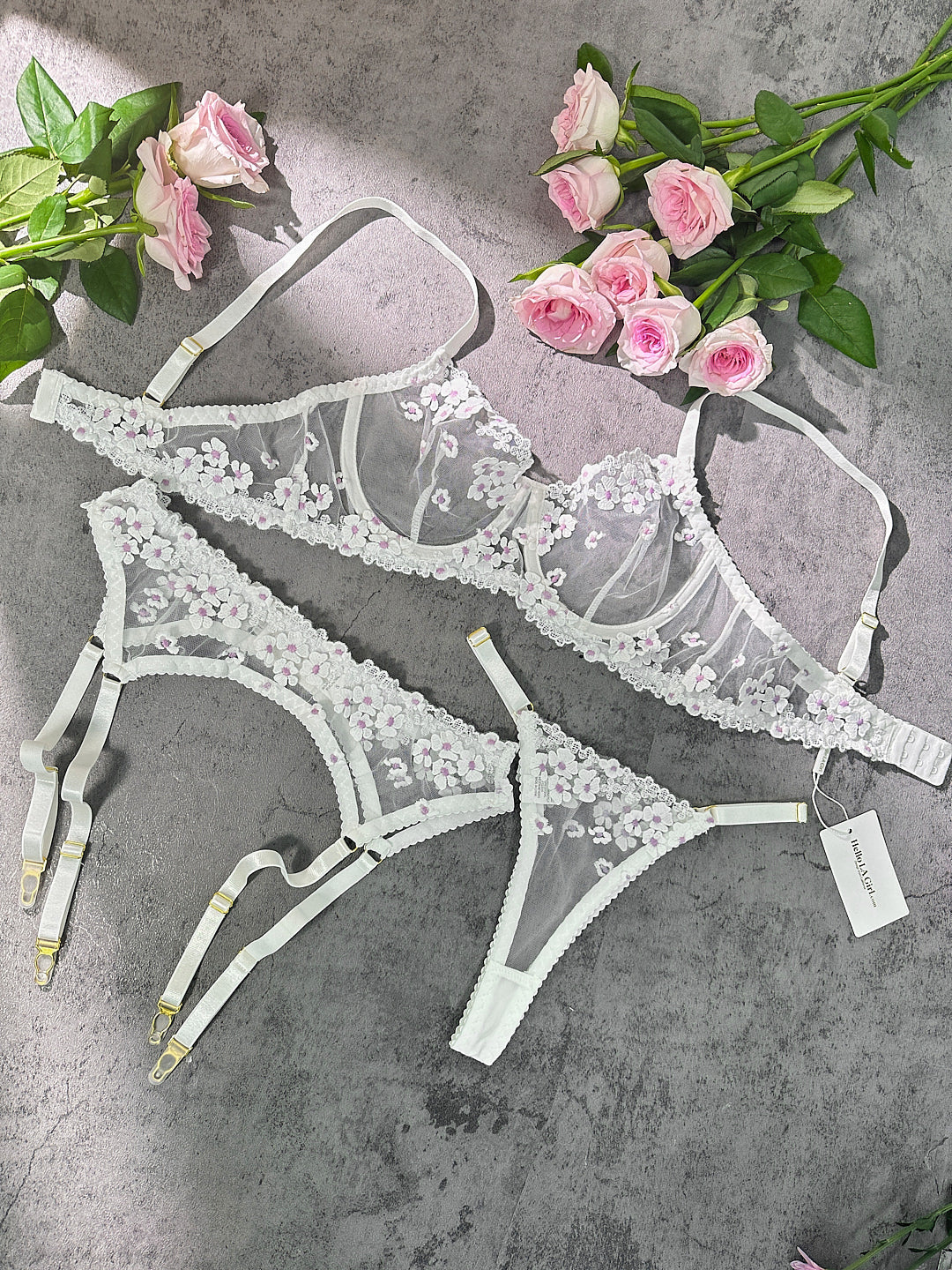 White Cherry Blossoms Sheer Lace Lingerie Set
