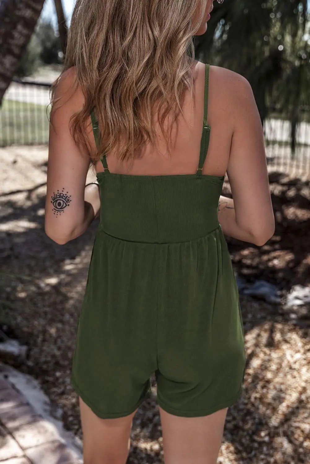Love Salve Ribbed Romper Moss Green — Casual Cinched Waist Jumpsuit