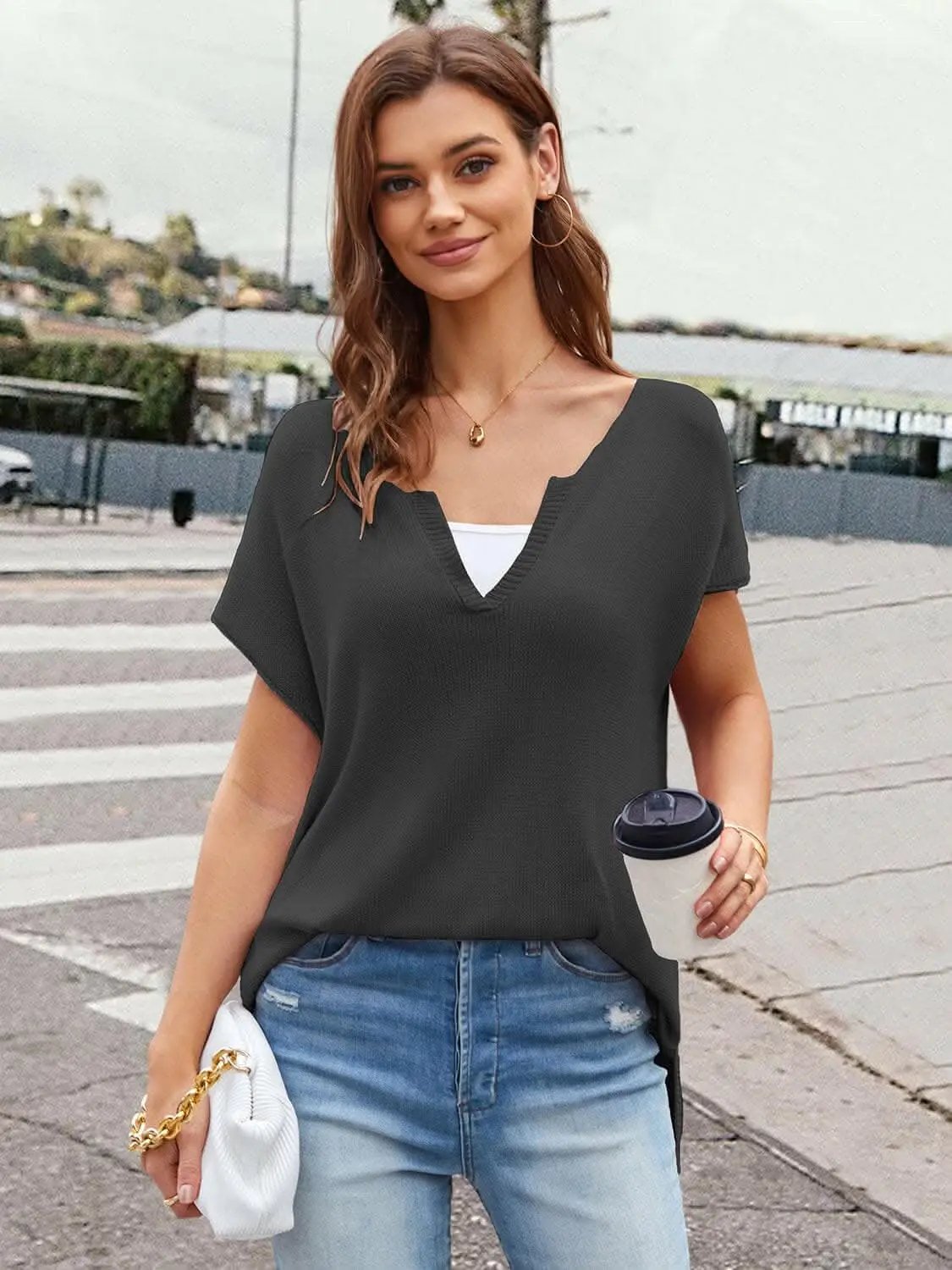 Notched Neckline Soft Top by Trendsi - Khaki