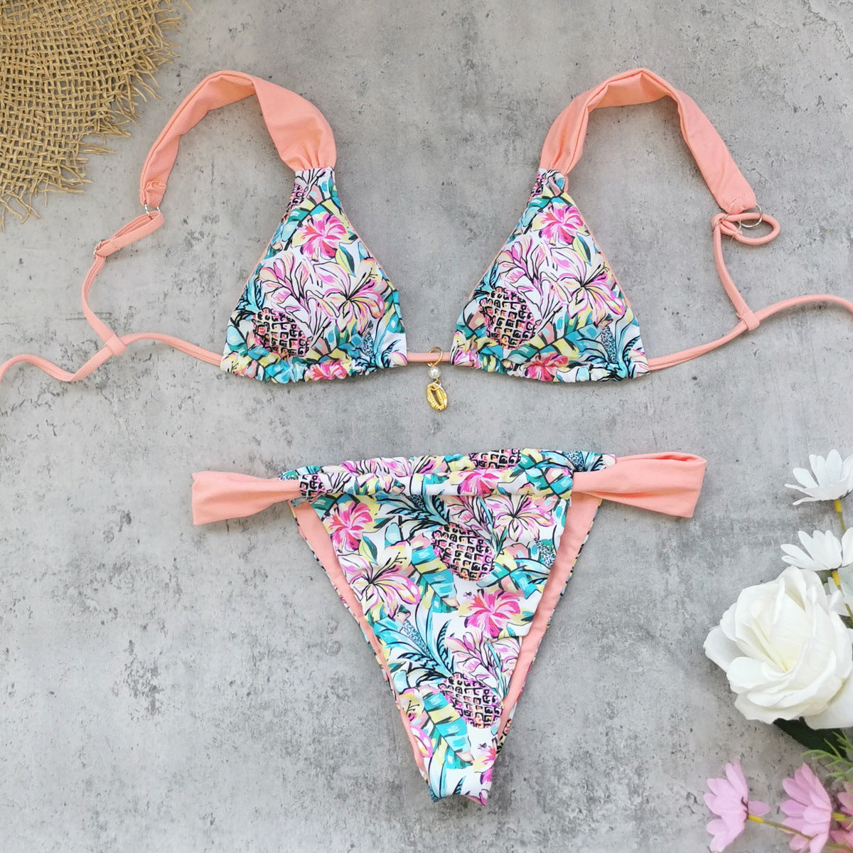 Three Point Low Waist Lace up Sexy Halter Bikini Fresh Split Swimsuit Women
