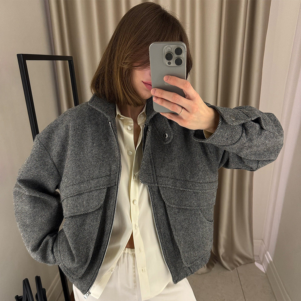 Herringbone Pattern Stand Collar Jacket Autumn Winter Zipper with Pocket Top Loose Woolen Coat