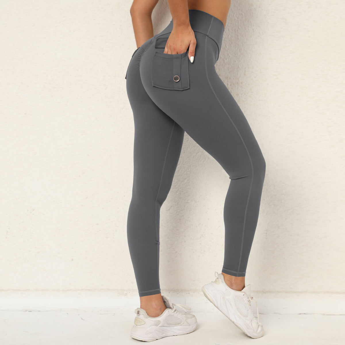 Peach Hip Workwear Tight Pocket Yoga Pants Women High Waist Stretch Hip Lift Button Quick Drying Running Fitness Pants Women