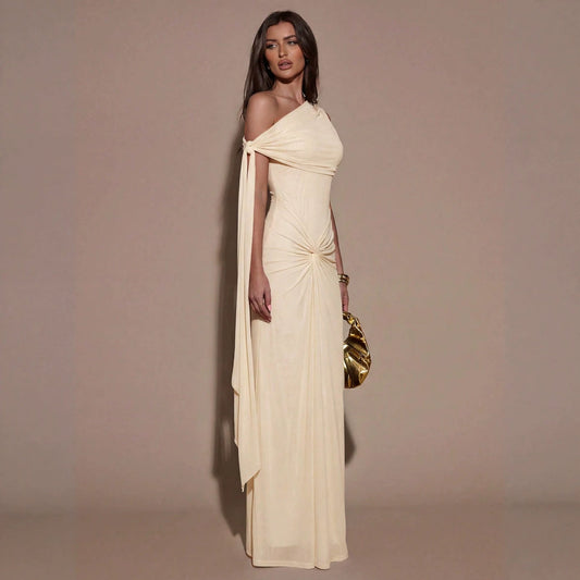 Women Clothing Oblique Shoulder Irregular Asymmetric Maxi Dress Pleated Slim Summer Dress for Women
