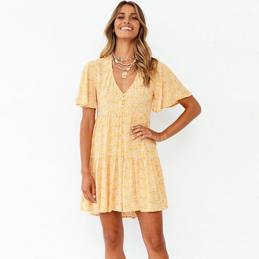 Spring Summer New V-neck Flared Short Sleeve Printed Pleated Large Swing Dress Women Clothing