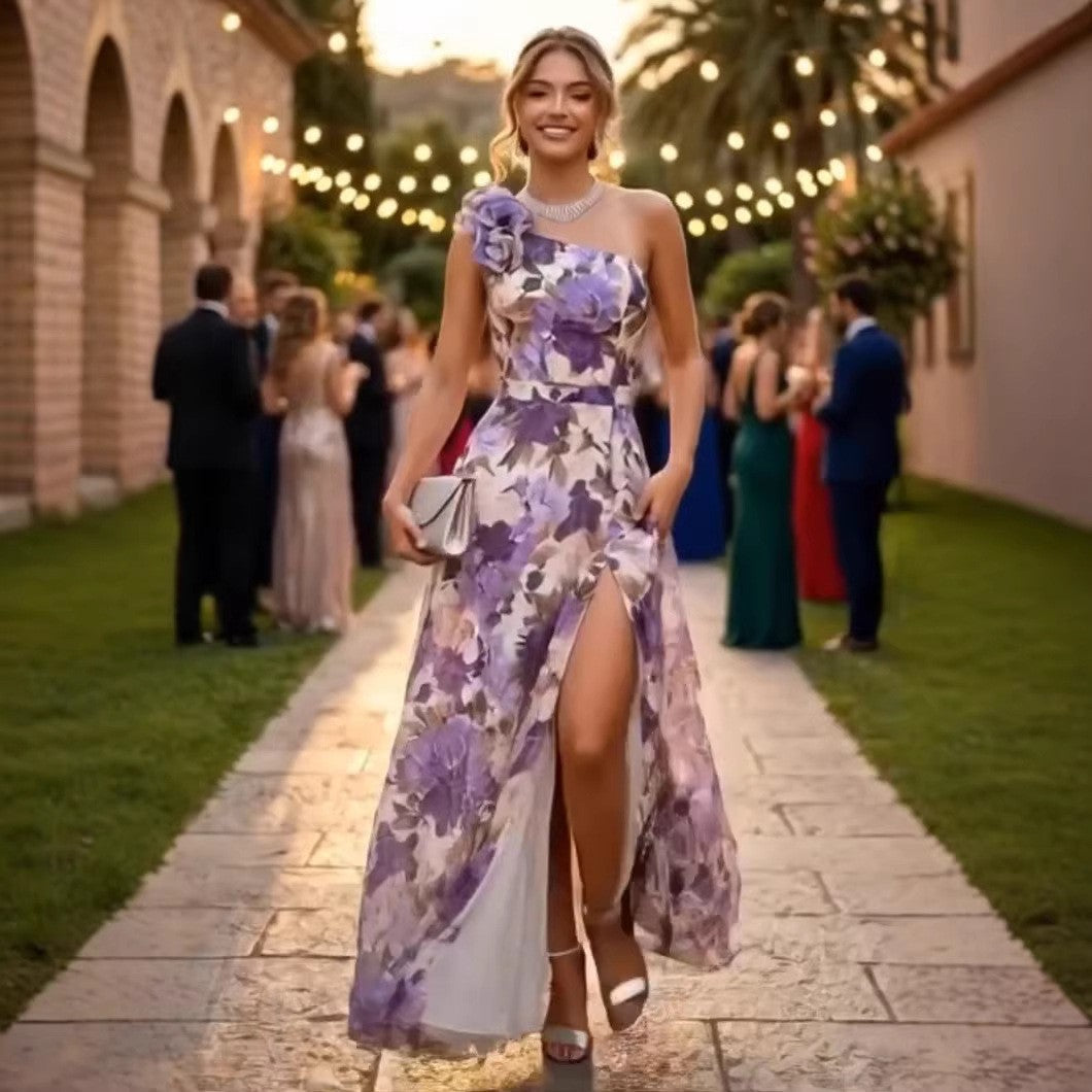 Summer Slim Fit Slimming Waist Slant Shoulder Floral Print Slit Maxi Dress