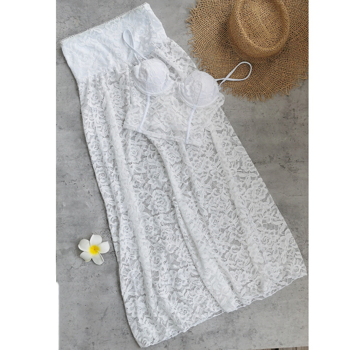 Solid Color Similar to Tangini Gathered Split Beach Skirt Two Piece Sets Bikini Sexy Cutout
