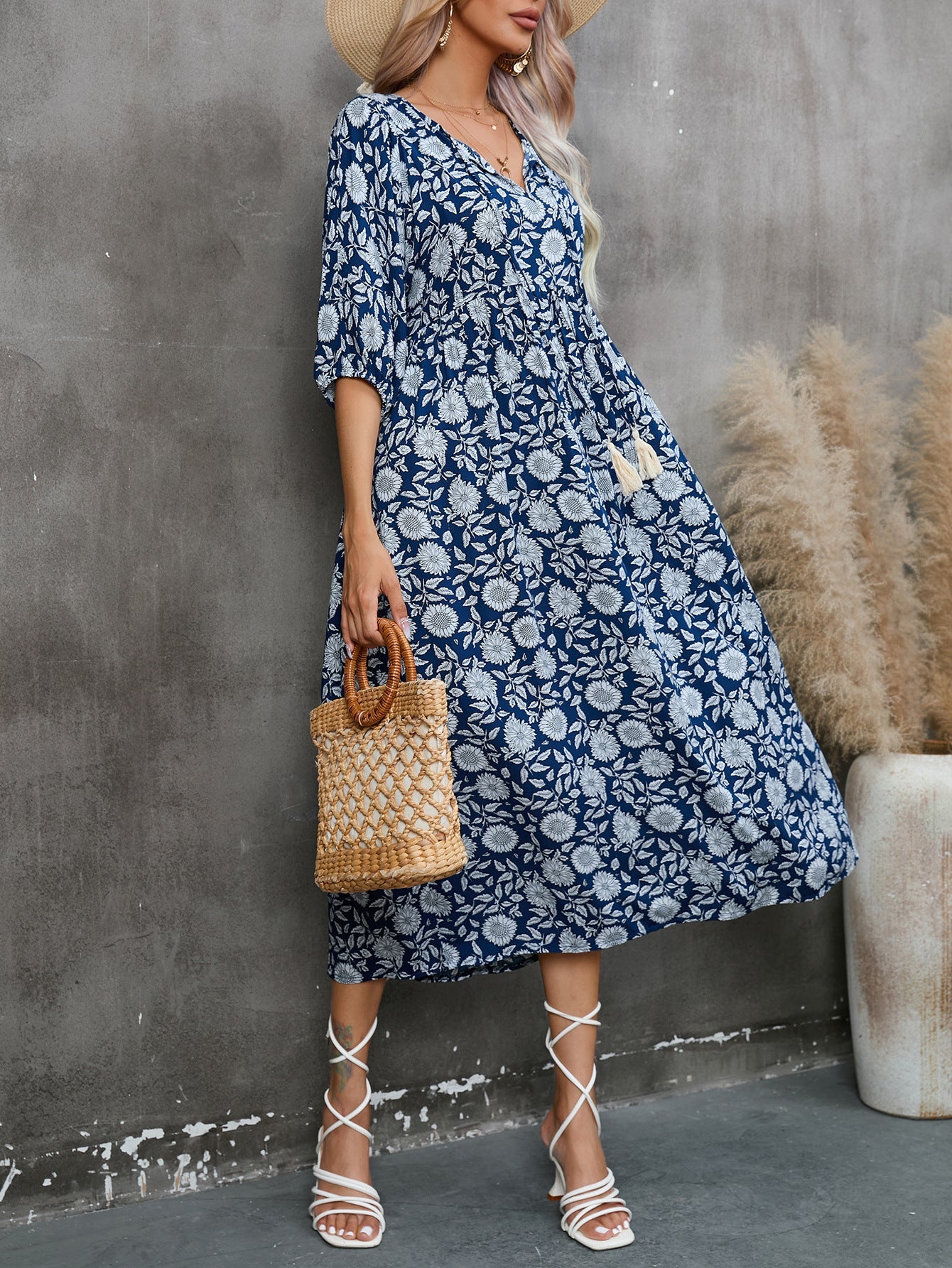 V neck Half Sleeve Rayon Dress Bohemian Holiday Beach Dress