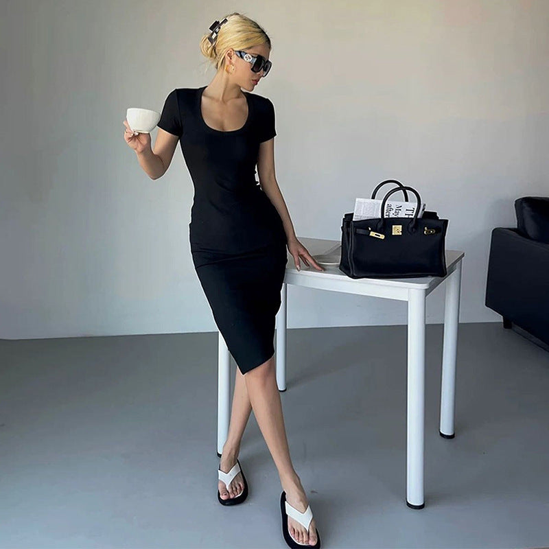 Women Clothing Round Neck Short Sleeve Regular Slimming Hip Split Hipster Dress Summer