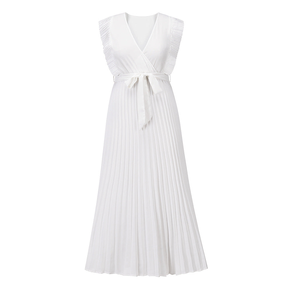 Elegant Beach Dress Fashionable Slim Fit Sexy Ruffle Sleeve Chiffon Pleated Solid Color Dress