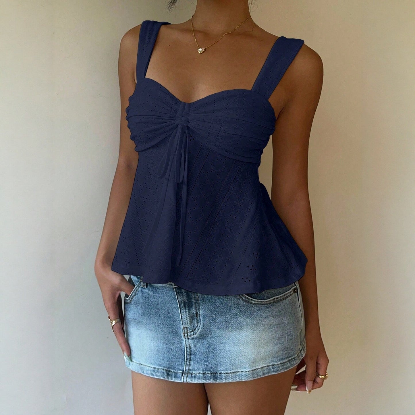 All Match Bow Design Solid Color Casual Sling Low Collar Top