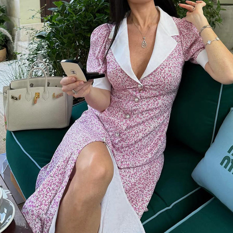 Elegant Floral Dress Summer Polo Collar Short Sleeve High Waist Print A line Dress for Women