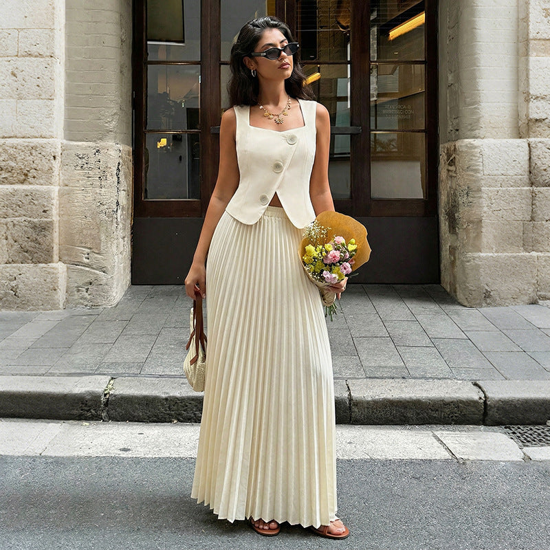 Summer Elegant Pleated Skirt Two Piece Sets Women